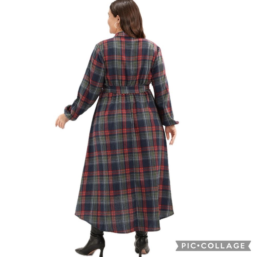 BLOOMCHIC Multi Plaid Button Front Belted Long Sleeve Arc Hemline Midi Dress - Picture 5 of 16